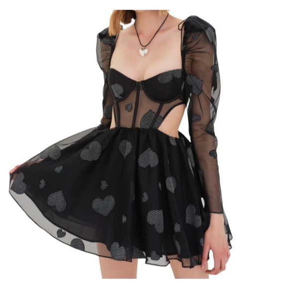 For Love & Lemons Alexandra Long Sleeve Mini Dress Black Hearts Size Small NWT - Picture 2 of 7